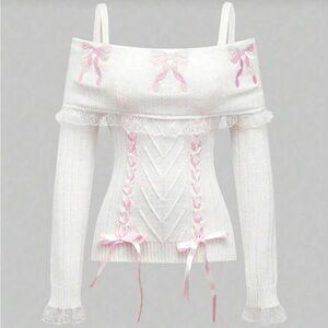 White Off-the-Shoulder Sweater with Pink Ribbon Accents
